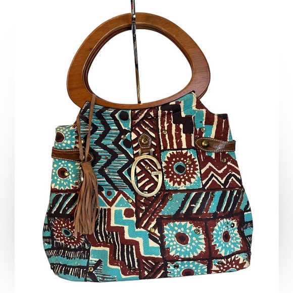 GUESS Boho Tribal Canvas Handbag - Picture 1 of 8
